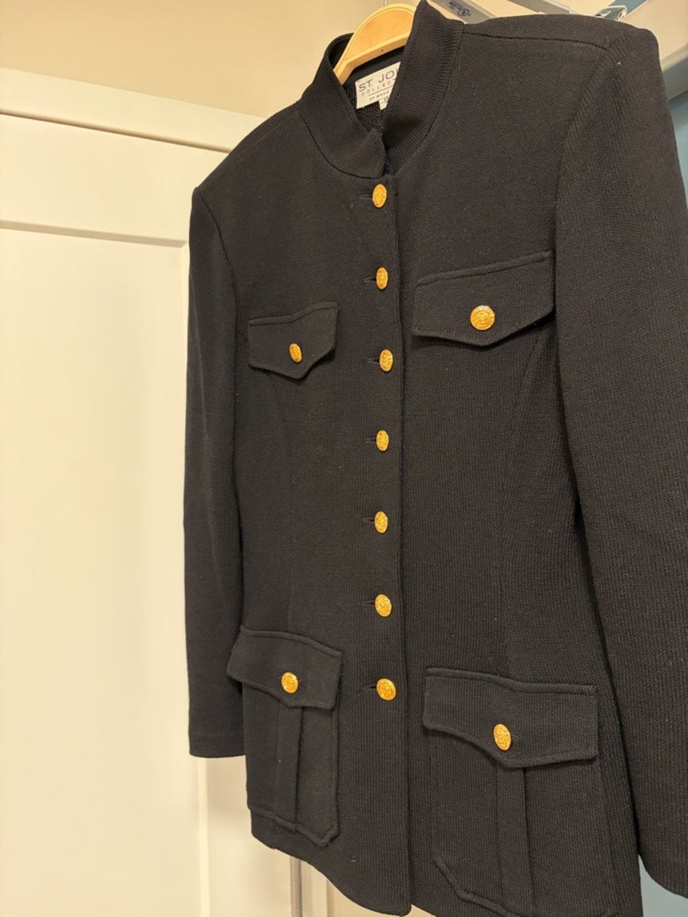 Black Knit Blazer:  St John gold buttons pockets